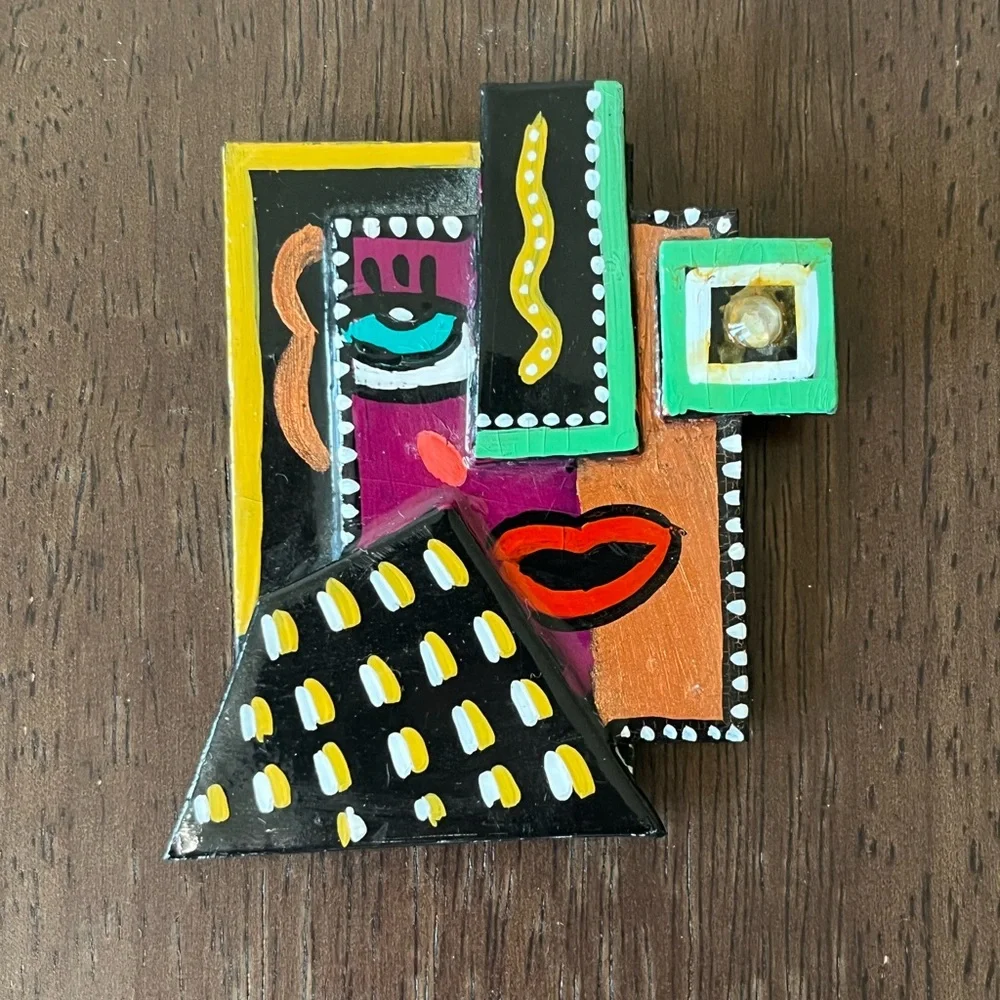❌SOLD❌Abstract Face Multicolor Geometric Brooch signed Asnien - Picture 2 of 5